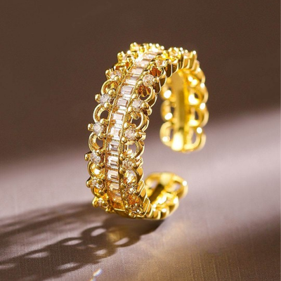 Gold Plated Baguette & Cubic Zirconia Studded Adjustable Openable Ring