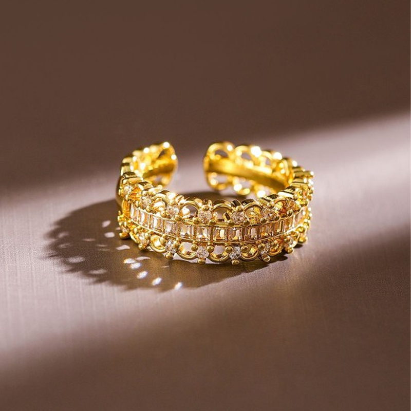 Gold Plated Baguette & Cubic Zirconia Studded Adjustable Openable Ring